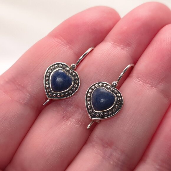 Sterling Silver HAN 925 Blue Heart Cabochon Earrings - Picture 1 of 9